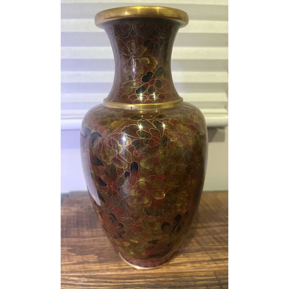 Vintage Chinese Cloissone Enamel And Brass Vase 8.5”